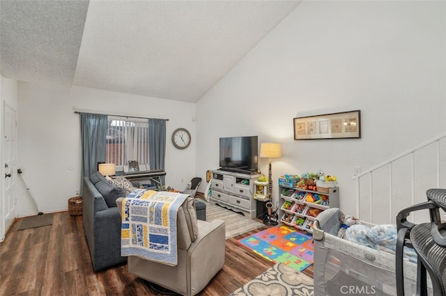 living room featuring lofted ceiling, hardwood / wood-style floors, and a textured ceiling