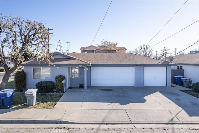 ranch-style house with stucco siding, an attached garage, concrete driveway, and roof with shingles