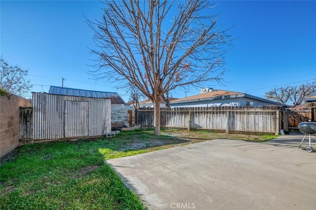 view of yard with a shed, a patio, and an outbuilding