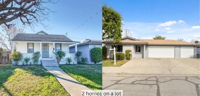 ranch-style house featuring covered porch, concrete driveway, an attached garage, a front yard, and stucco siding