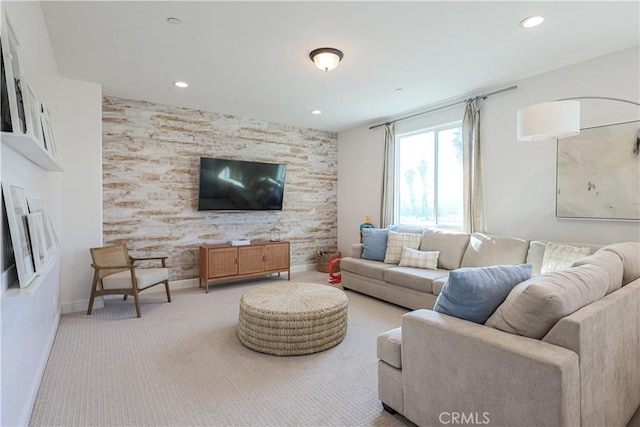 living room featuring light carpet