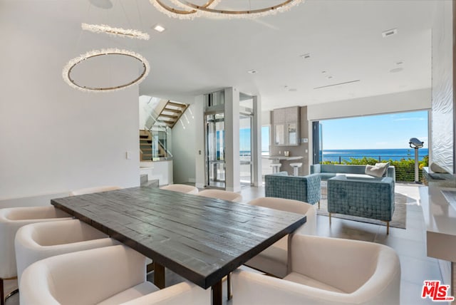 dining area with a water view