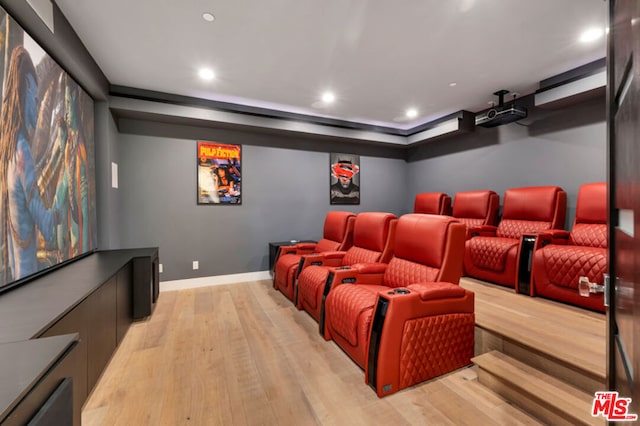 home theater room featuring light hardwood / wood-style flooring