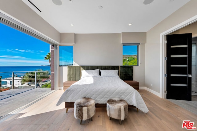 bedroom with a spacious closet, light hardwood / wood-style flooring, and a water view