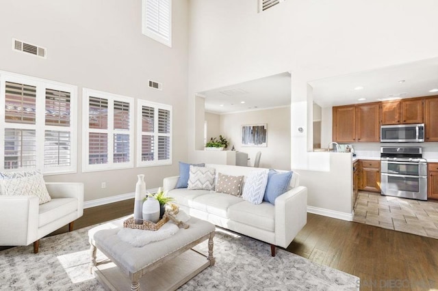 living room with hardwood / wood-style floors and a towering ceiling