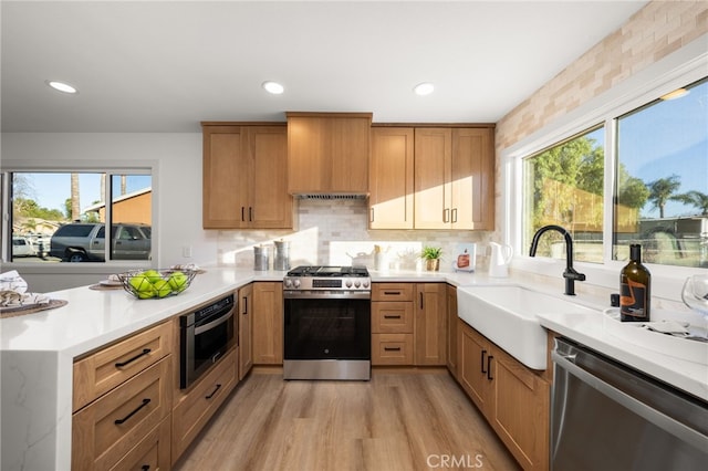 kitchen with appliances with stainless steel finishes, decorative backsplash, sink, light hardwood / wood-style flooring, and custom range hood