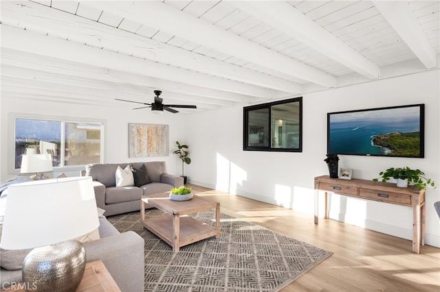 living room featuring ceiling fan, wooden ceiling, hardwood / wood-style floors, and beam ceiling