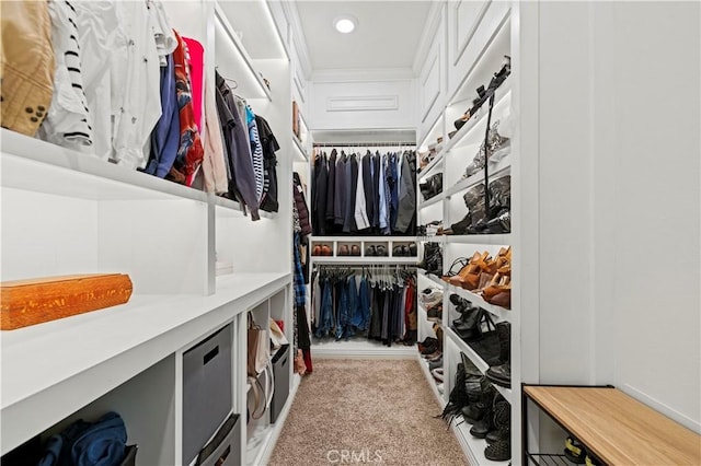 walk in closet with light colored carpet