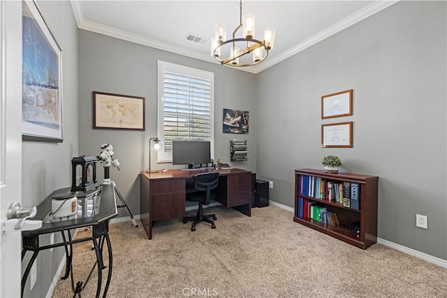 office area featuring crown molding, light carpet, and an inviting chandelier