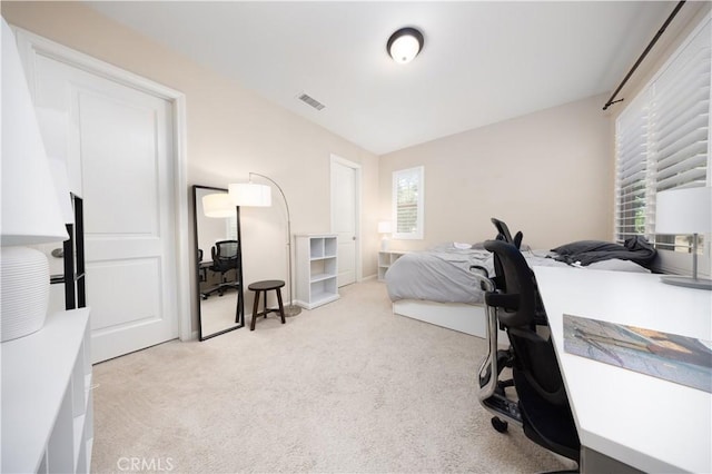 bedroom featuring light colored carpet and multiple windows