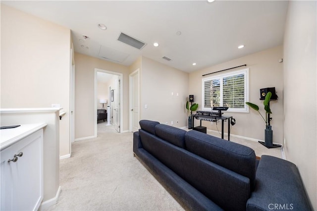 living room with light colored carpet