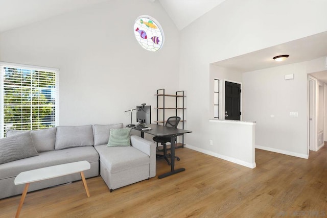 living room with hardwood / wood-style floors and vaulted ceiling