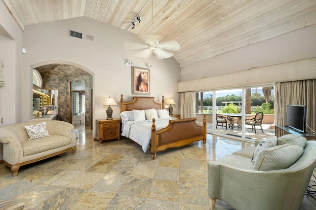 bedroom featuring ceiling fan, wooden ceiling, rail lighting, high vaulted ceiling, and access to exterior