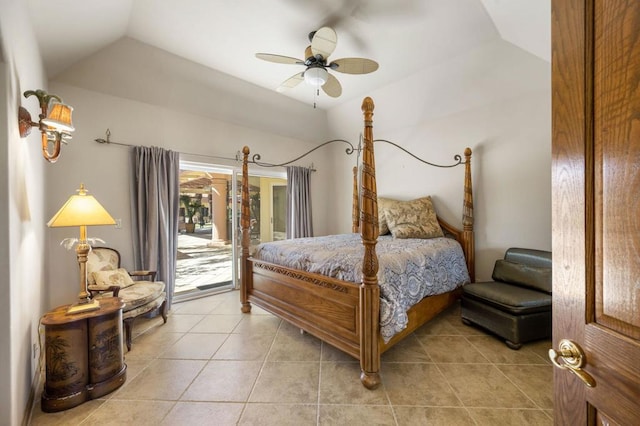 tiled bedroom with access to exterior, ceiling fan, and lofted ceiling