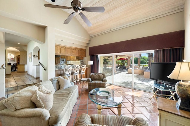 living room with high vaulted ceiling, ceiling fan, light tile patterned floors, and wood ceiling