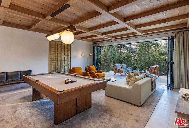 game room featuring wooden ceiling, light tile patterned floors, billiards, and beamed ceiling