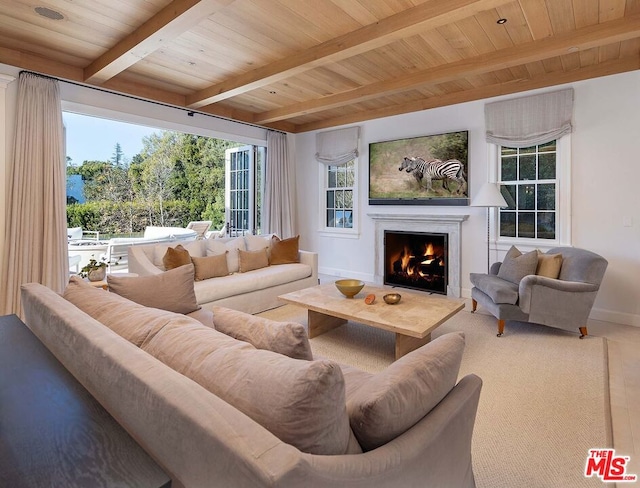 living room featuring wood ceiling and beamed ceiling