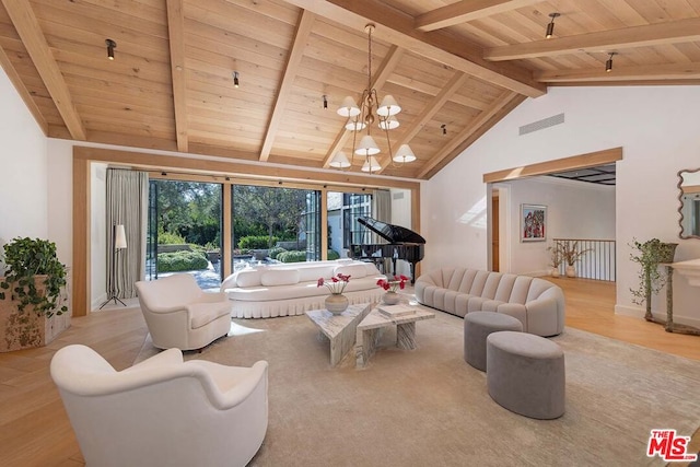 living room with wood-type flooring, an inviting chandelier, vaulted ceiling with beams, and wood ceiling