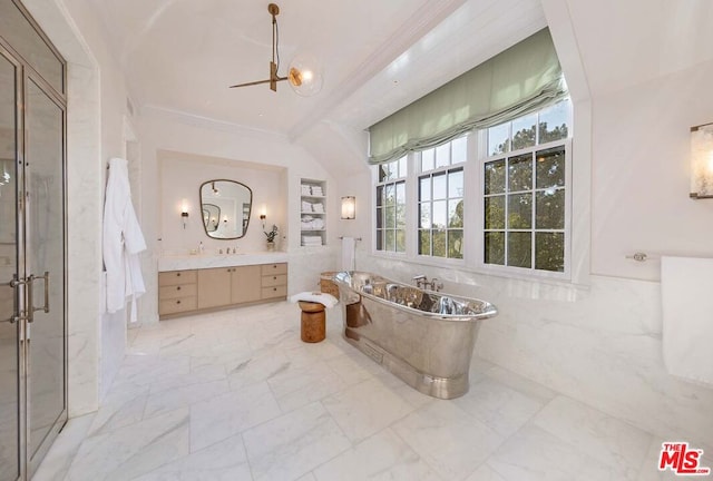 bathroom with vanity, independent shower and bath, and crown molding