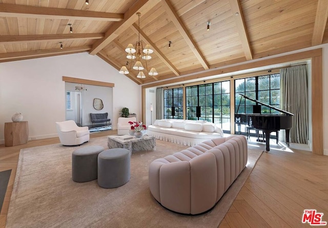 living room with wooden ceiling, an inviting chandelier, light hardwood / wood-style flooring, and beam ceiling