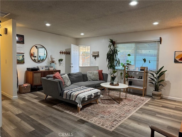 living room with a textured ceiling and dark hardwood / wood-style floors