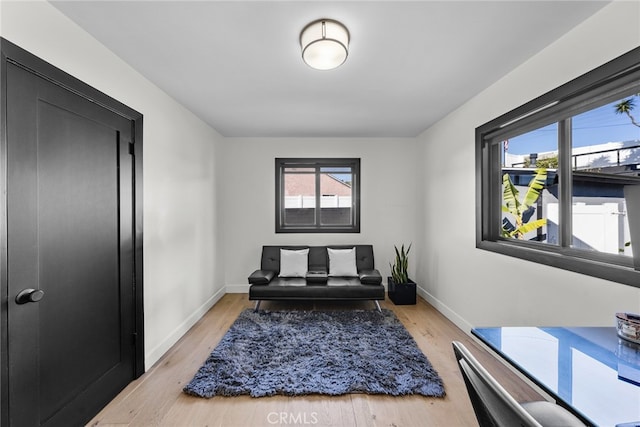 sitting room featuring a wealth of natural light and light hardwood / wood-style flooring