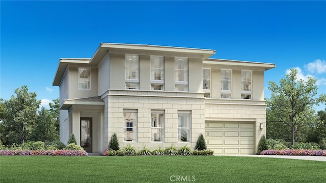 view of front of property featuring a garage and a front lawn