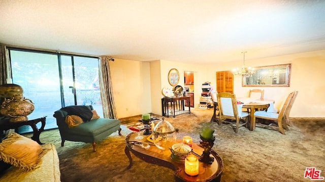 living room featuring expansive windows, carpet flooring, and an inviting chandelier