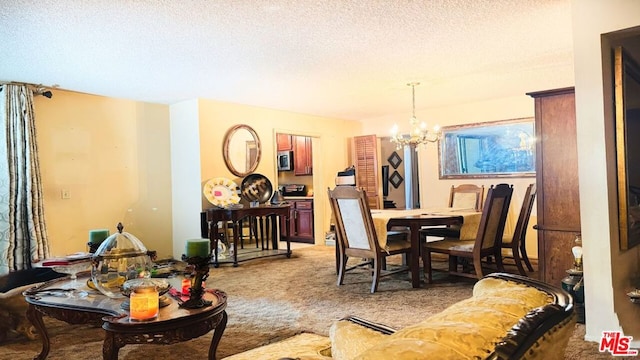 dining area with light colored carpet, an inviting chandelier, and a textured ceiling