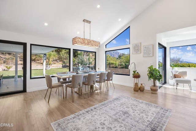 dining space with light hardwood / wood-style floors and high vaulted ceiling