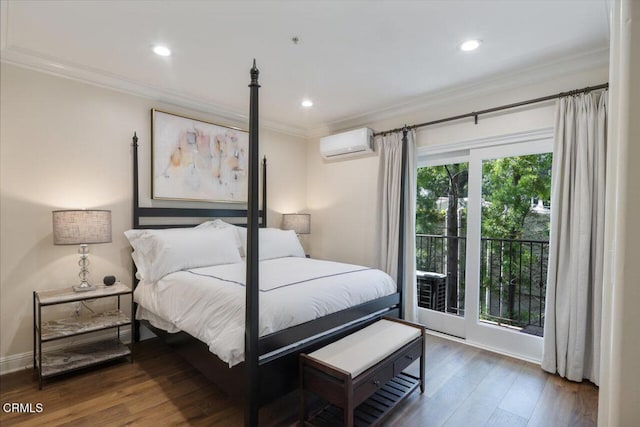 bedroom with crown molding, dark wood-type flooring, access to exterior, and an AC wall unit