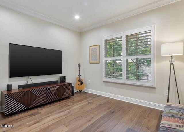 living room featuring wood-type flooring and ornamental molding