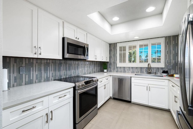 kitchen featuring sink, white cabinets, a tray ceiling, and stainless steel appliances