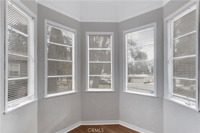 interior space featuring dark wood-type flooring and ornamental molding