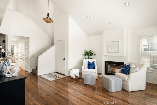 interior space with high vaulted ceiling and dark hardwood / wood-style floors