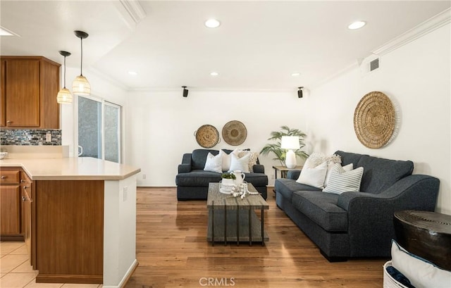 living room featuring light hardwood / wood-style floors and crown molding