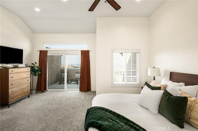 bedroom with ceiling fan, light colored carpet, access to outside, and vaulted ceiling