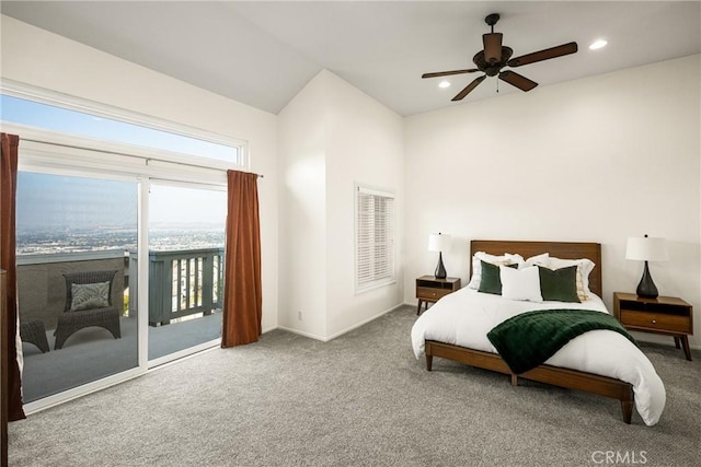 carpeted bedroom with ceiling fan, access to exterior, and multiple windows