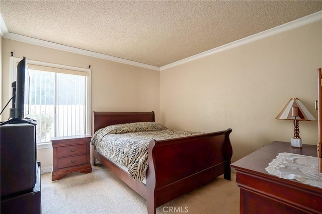 carpeted bedroom with crown molding and a textured ceiling