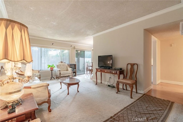 living room featuring ornamental molding, carpet, and a textured ceiling