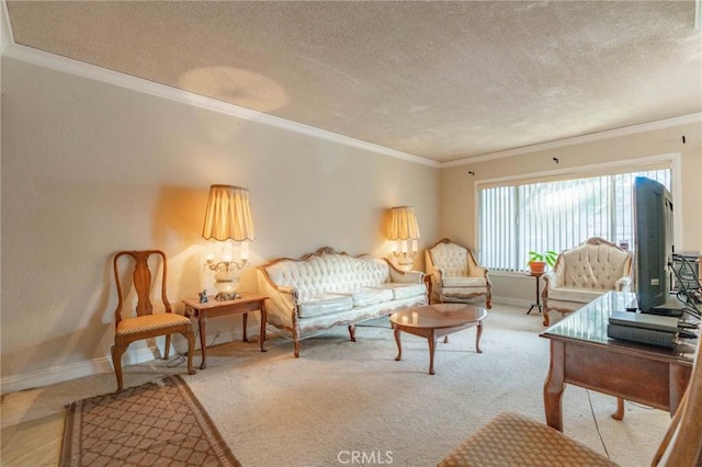 living room with crown molding, light colored carpet, and a textured ceiling