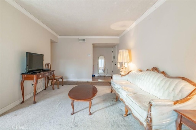 living room featuring carpet floors and ornamental molding