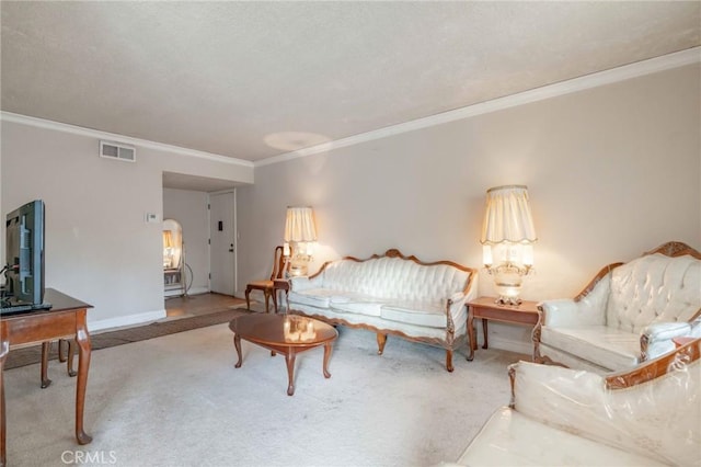 carpeted living room with crown molding