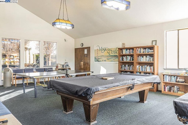 rec room with high vaulted ceiling, carpet, and pool table