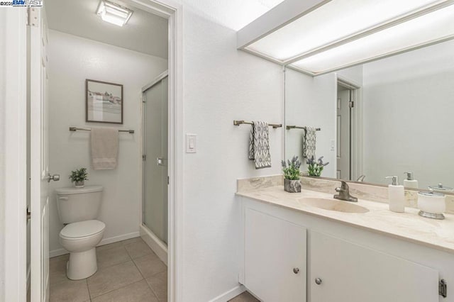 bathroom featuring tile patterned floors, toilet, walk in shower, and vanity