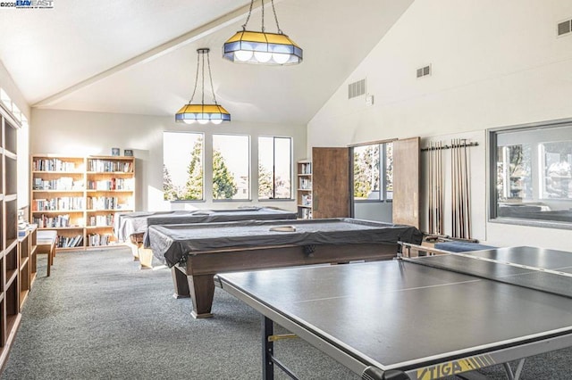 game room featuring billiards, high vaulted ceiling, and carpet floors