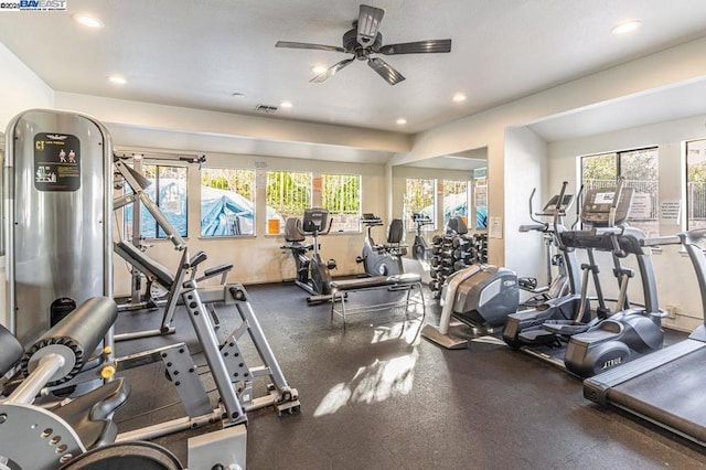 gym featuring ceiling fan