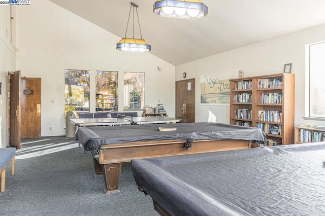 rec room with high vaulted ceiling, carpet, and billiards