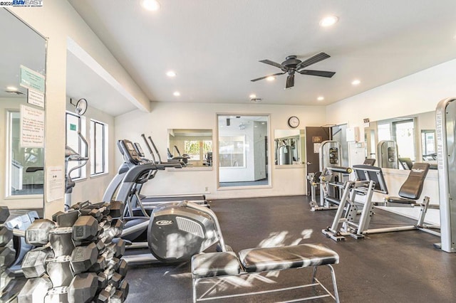 workout area with ceiling fan