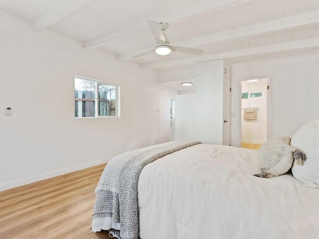 bedroom with baseboards, wooden ceiling, ceiling fan, wood finished floors, and beam ceiling